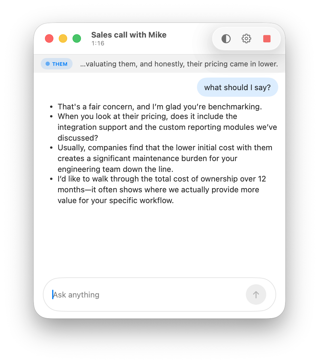 The Kennan HUD during a live sales call: a transcript fragment of the other party's pricing objection at the top, a 'what should I say?' query, and a list of suggested responses below.